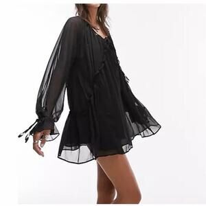 Topshop Babydoll Mini Dress Scoop Neck Long Sleeve In Black Size 14 NWOT